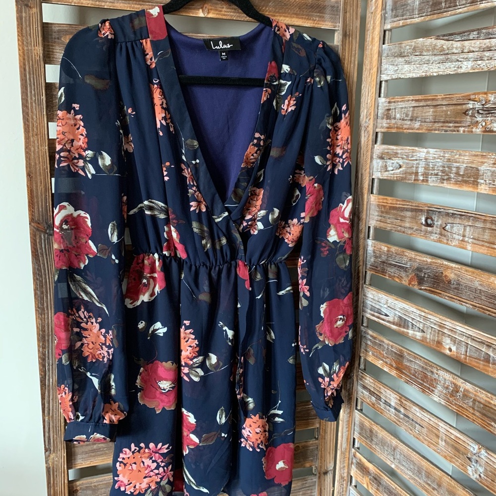 Lulu's That's A Wrap Navy Blue Floral Print Dress